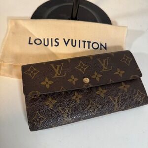 Louis Vuitton Sarah Monogram Canvas Vintage Long Wallet Brown Gold